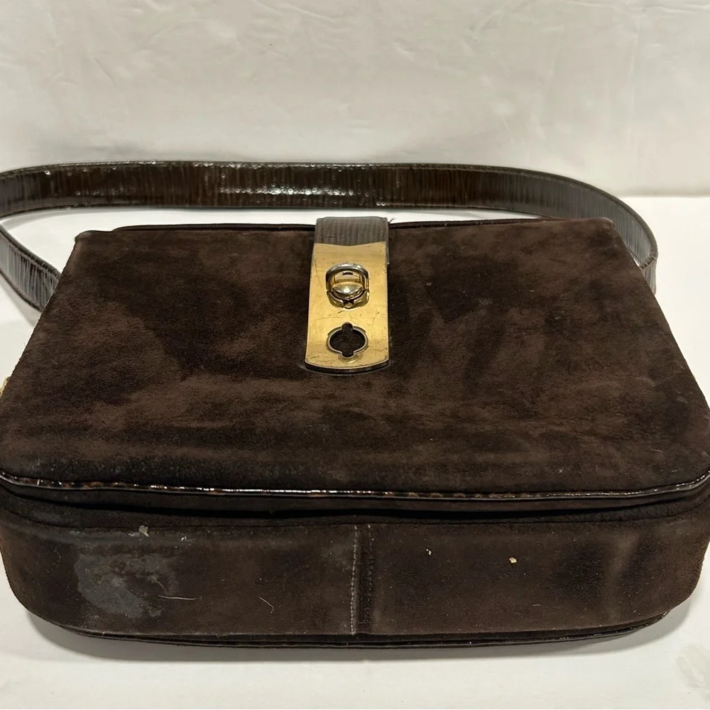 VINTAGE BLOCK Woman’s Handbag Brown Suede Gold accents Shoulder Strap